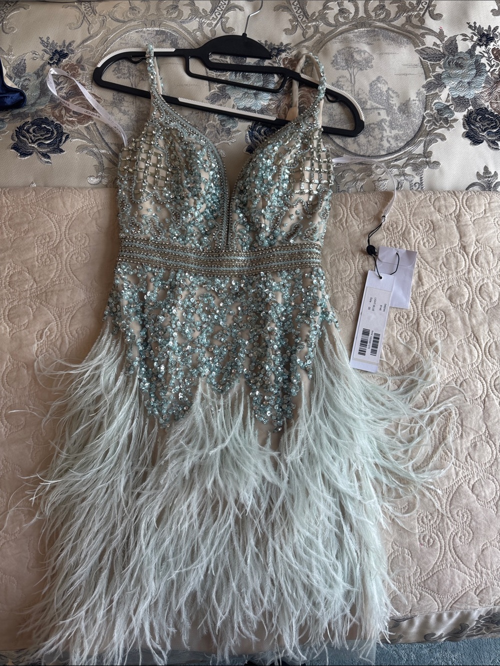 Jovani Embellished Feather Cocktail Dress in Light Aqua